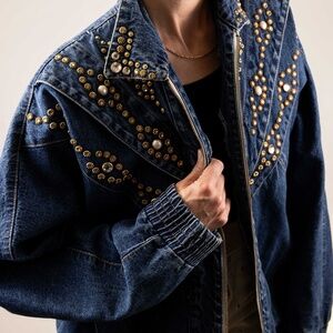 VINTAGE DENIM PEARL & GOLD STUD ACCENTED JACKET